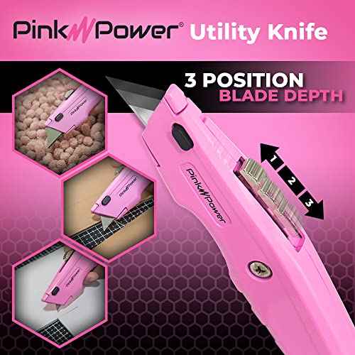 Pink Power Box Cutter Retractable, Pink Utility Knife for Carpet, Cute Box Cutter Knife Heavy Duty with 3 Blades and Storage Compartment - Opener Pocket Utility Tools for Women