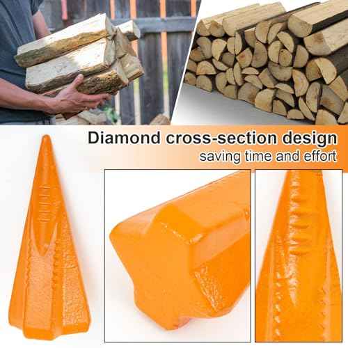 2 Pcs 4 Lbs Manual Log Splitter Wedge Wood Splitting Wedges 4-Direction Diamond Design Forged Steel Tool for Easy Wood Splitting Splits Firewood into 4 Pieces Less Effort(Orange)