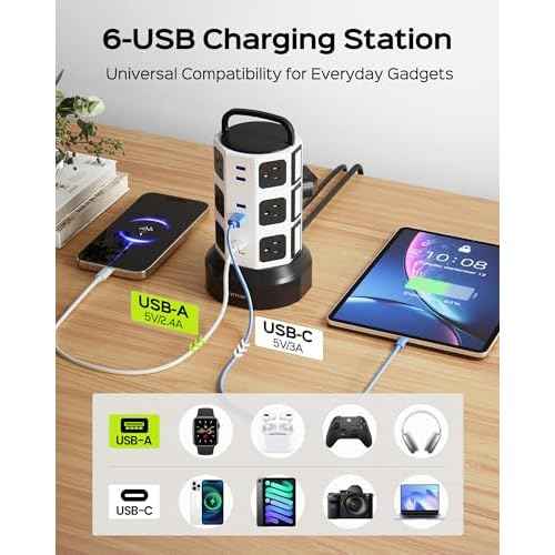 Power Strip Tower Surge Protector, JACKYLED 1625W 13A Outlet Surge Electric Tower, 12 Outlets 6 USB Ports Charging Station with 16AWG 15ft Heavy Duty Extension Cord for Home Office Dorm