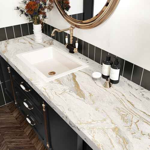 Wallercity Matte Beige/Gold Marble Contact Paper for Countertops Vinyl Waterproof Peel and Stick Wallpaper for Cabinet Backsplashes Self Adhesive Countertop Wall Paper 15.8''x78.7'' Granite Wrap Cover