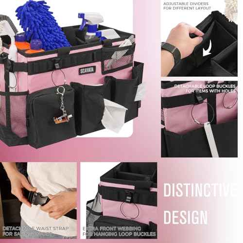 Wearable Cleaning Caddy Bag, Cleaning Caddy Supplies Organizer with Handle & Shoulder Straps for Housekeepers, Under Sink & Car Cleaning Tool Organizers with 4 Foldable Divider (SweetPink)