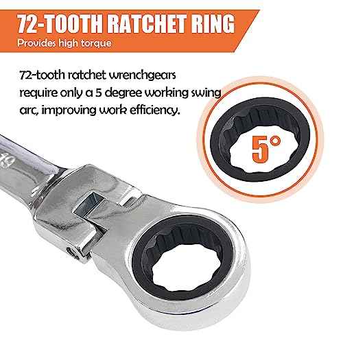 8 Piece Flex-Head Ratcheting Combination Wrench Set, 8-19mm Metric Chrome Vanadium Steel Spanner, Gear Ring Ratchet Wrenches with Rolling Pouch