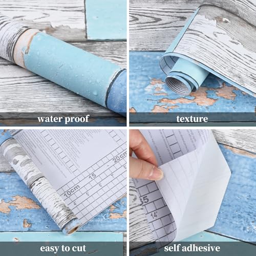 Caltero Wood Plank Wallpaper 17.7" ¡¿ 118" Blue Distressed Wood Wallpaper Peel and Stick Wood Grain Contact Paper Vintage for Furniture Bedroom Countertop Cabinet