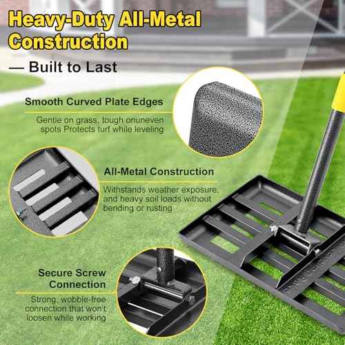 Lawn Leveling Rake, Heavy Duty 17" x 10" Stainless Steel Lawn Leveler for Soil Dirt Leveling Spreading,72" Adjustable Long Handle,Golf Field,Lawn,Tight Spot Landscaping Tool,Ground Leveler for Yard