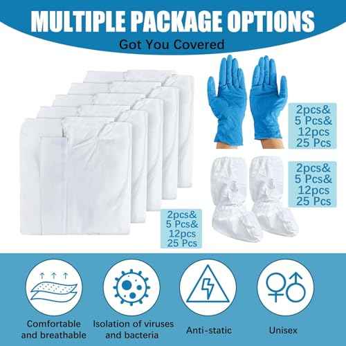 TrelaCo 5 Sets Hazmat Suit Disposable Protective Coveralls Full Body Paint Suit with Hood Shoe Cover and Glove Breathable Coverall (L,White)