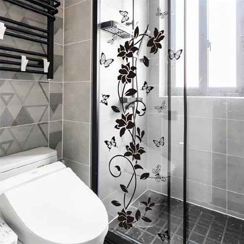 Black Flower Vine Butterfly Wall Stickers, sacinora Simplicity Floral Art Wall Decals Removable Vinyl Peel and Stick for Bathroom Living Room Bedroom Home Decorations