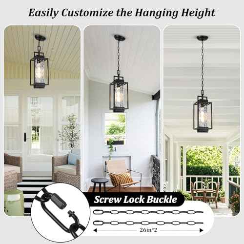 BesLowe 15¡± Outdoor Pendant Light with LED Bulb, Modern Hanging Lantern Light for Outside with Water Ripple Glass, Black Exterior Pendant Lighting Fixture, Outdoor Chandelier for Front Porch, Gazebo