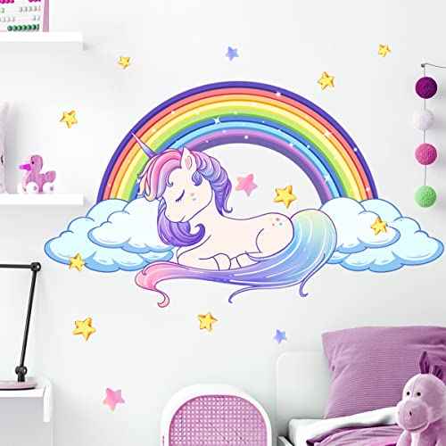 Unicorn Wall Decals Art Rainbow Peel and Stick Stickers - Waterproof With Star Cloud for Girls Kids Bedroom Nursery Playroom Decor