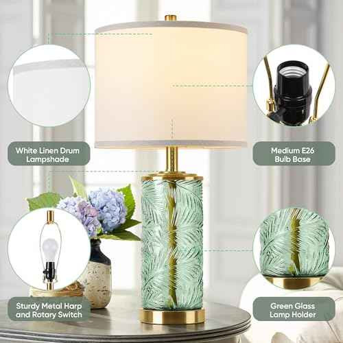 QiMH Glass Table Lamp Set of 2, Modern Gold Bedside Lamp with Stereo Palm Leaves Vein Glass for Living Room, Green Nightstand Lamps for Bedroom Home Office Reading Decor(Bulbs & Shades Included)