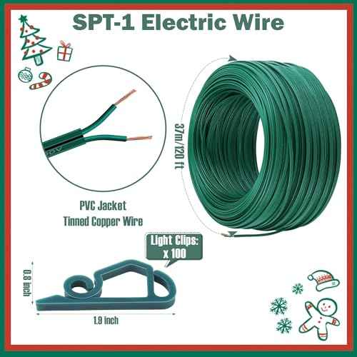 Fovths Christmas SPT-1 Electric Wire Set 120 Ft SPT-1 Zip Cord Wire 8 Male and 8 Female Vampire Plugs with Light Clips Green Electrical Light End Plug for Xmas Holiday Outdoor Indoor Lighting