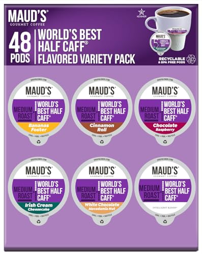 Maud's Half Caff Coffee Pods Variety Pack, 48 ct, 6 Assorted Flavors, Medium Roast Coffee in Recyclable Single Serve Pods â 100% Arabica Coffee, Compatible with Keurig K Cups Maker