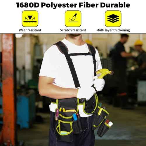 Tool Belt,Professional Tool Belts for Men with Suspenders,18 Pockets Heavy Duty Tool Pouch,Heavy Duty Detachable Adjustable Utility Belt Work Bags for Electrician,Carpenter (Yellow, Large)