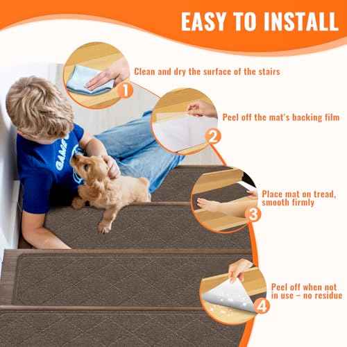 Stair Treads Non-Slip for Wooden Steps, 15Pack - 8" x 30" Edging Stair Runner Indoor for Kids Elders & Pets, Washable Carpet Stair Treads with Peel & Stick Reusable TPE Backing, Brown