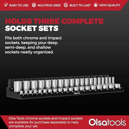 Olsa Tools Magnetic Socket Organizer (3/8-Inch Drive, 3 Row) - Magnetic Tool Organizer & Socket Holder - Tool Box Socket Organizers - Metric Black - Holds 54 Sockets - Professional Grade - Part: 1553