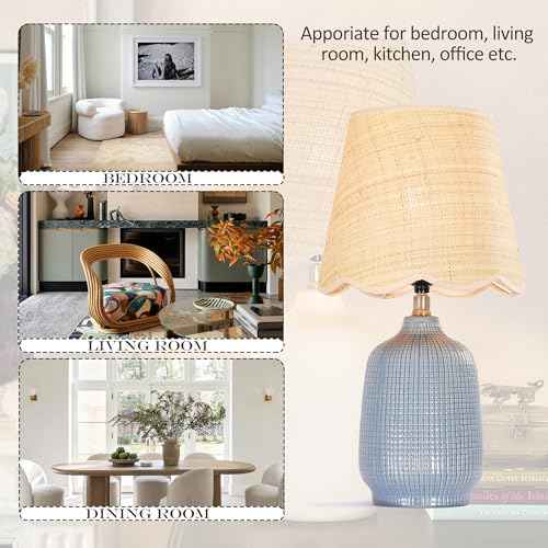 Pia Ricco 19" Modern Ceramic Table Lamp for Living Room Gray Bule Base Desk Lamps for Bedroom Farmhouse Bedside Nightstand Lamp End Table Lamps,Bule,Rattan Shade