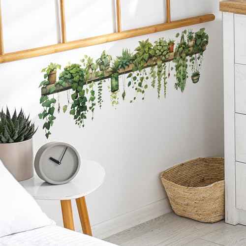Nature Green Plants Peel and Stick Wall Decals Wallpaper, Removable Wall Decals Shelves Green Plants Vinyl Art Wall Stickers & Murals for Living Room Kitchen Bathroom Decoration (A-Green)