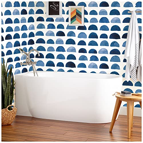 HAOKHOME Watercolor Brush Strokes Scallop Boho Peel and Stick Wallpaper Removable Indigo Blue/White Vinyl Self Adhesive Mural 17.7in x 9.8ft