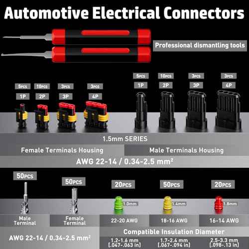 PEBA Waterproof Automotive Electrical Connectors Kit, Automotive Male/Female 1/2/3/4-Pin & Connector Plug and Ratchet Crimping Tool AWG 22-14, Ideal for Cars, Motorcycles & Boats | Pin Removal Tool