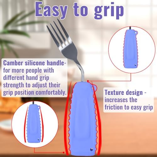 Adaptive Utensils,Curved Angled Spoon and Fork Set,for Tremors Parkinsons Limited or Elderly,Lightweight Cutlery with Non-Slip Easy Grip Handles