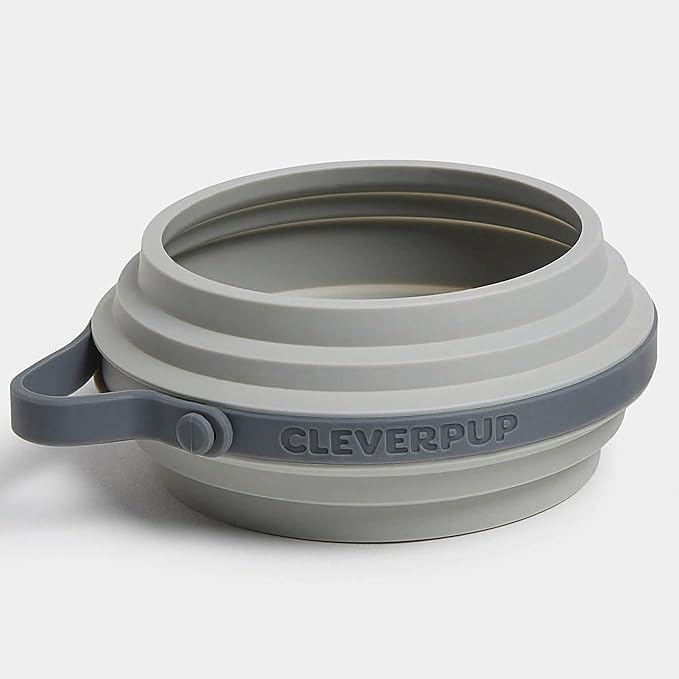 Cleverpup Nomad Small Collapsible Travel Dog Bowl - 2 Cup BPA-Free Silicone for Small & Medium Dogs, Portable & Sturdy, Food & Water, Dishwasher Safe - Grey