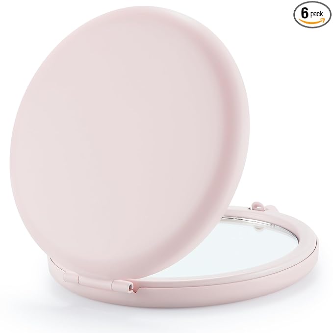 Compact Mirror for Purse, Pack of 6 Double-Sided 1X/2X Magnifying Round Metal Pocket Makeup Mirrors (Round, Pink Marshmallow)