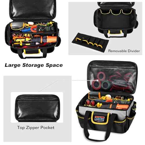Small Tool Bag, Hand Tool Storage Organizer Bag for Men, Multi-purpose Work Tote for Repairman, Electrician, Carpenters, Handyman, Home Tool Organizer with Thick Padded Bottom, Black