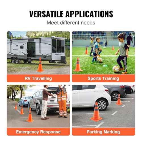 VEVOR Safety Cones, 4 Pack 28 inch Collapsible Traffic Cones, Construction Cones with Reflective Collars, Wide Base and A Storage Bag, for Traffic Control, Driving Training, Parking Lots
