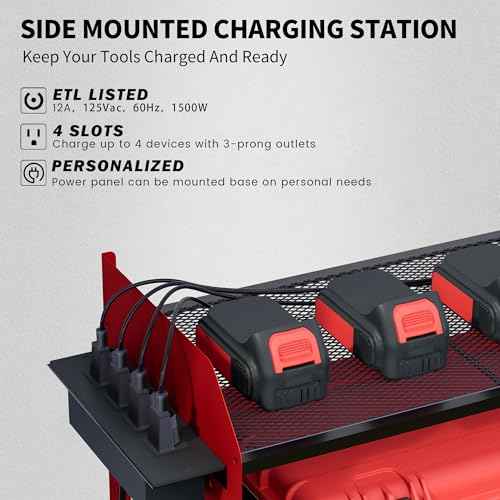 Lisgicabin Power Tool Organizer Wall Mount, 3-Layer Charging Station with 4 Outlets, Heavy Duty Drill Storage Rack with 4 Drill Holders & Drill Bit Rack, Efficient Storage for Garage & Workshop (Red)
