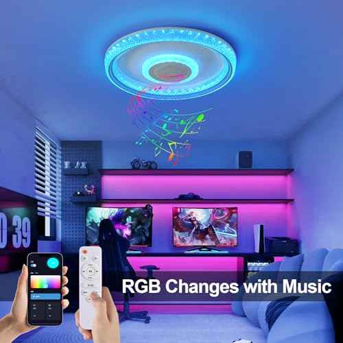 Bathroom Ceiling Light, Waterproof Shower Light with Bluetooth Speaker, Flush Mount Lighting Fixture Dimmable RGB Color Change, App+Remote Control Led Music Ceiling Lamp for Kids Room Bedroom