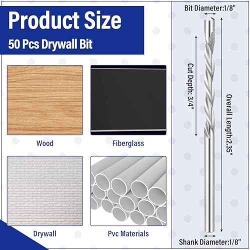 Tondiamo 50 Pcs Drywall Bits 1/8 Inch Cutting Bits M2 Speed Steel Spiral Drywall Router Saw Cutout Drill Tip Guide Point Cutting Outlets Drill Tools for Use with Spiral Saw