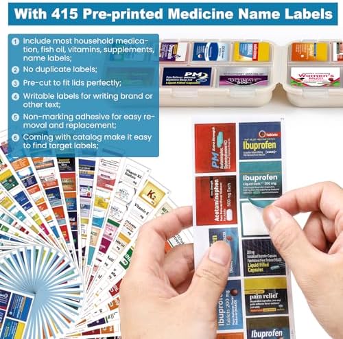 14 Grids Travel Pill Organizer Box with 415-Pcs Medicine Name Labels - Pocket Daily Pharmacy Case Container Kit - Travel Medication Holder Dispenser for Fish Oil Vitamin Supplement Storage - Khaki