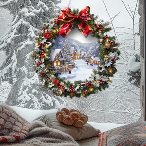 Christmas Wreath Wall Decals with Ribbon Peel and Stick Christmas Mural Art Stickers for Christmas Party Home Kitchen Decor (A)
