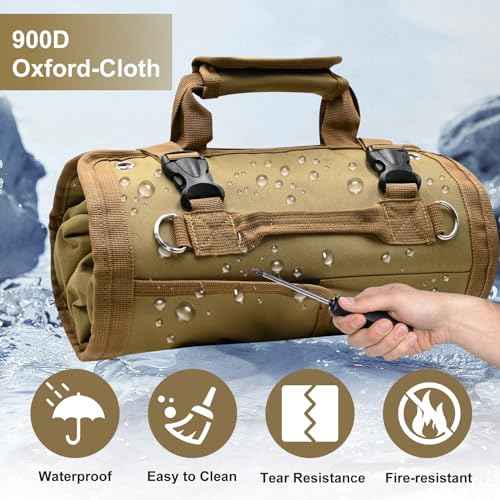 Roll Up Tool Bag, Heavy Duty Tool Roll Bag, Tool Roll Organizer with 2 Detachable Pouches, 900D Waterproof Oxford Cloth, Gifts for Dad, Men/Women, Mechanic, Electricians, Repairman, Khaki