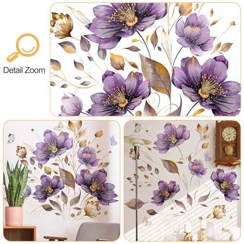 AM AMAONM Creative Removable Flowers Wall Decal DIY Floral with Plant Vine Wall Stickers 3D Peel and Stick Butterfly Wall Decor for Kids Little Girls Teens Bedroom Nursery Living Room Home (Purple)