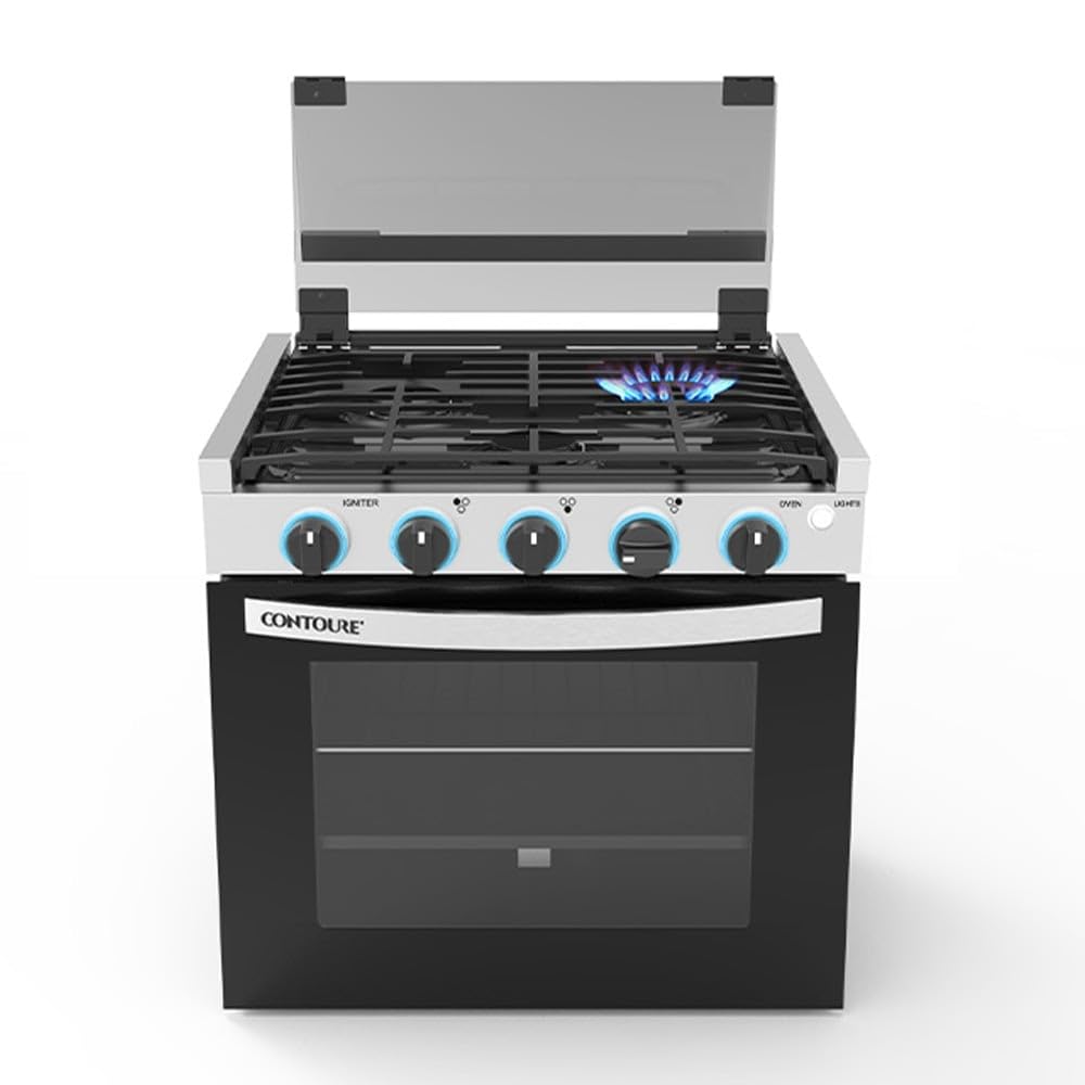 CONTOURE RV 3-Burner Drop-In Gas Range 21” – Propane-Powered RV Stove with Oven, Black with Stainless Steel Accents, LED Knobs, Easy-Clean Oven, CSA Certified, GR-21BTC