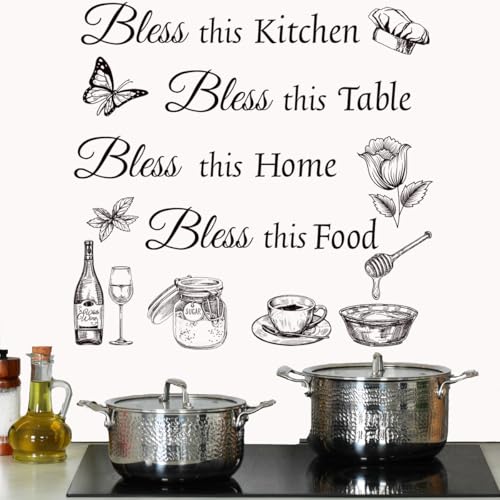 Kitchen Wall Stickers Dining Room Decals Decor Bless This Kitchen Wall Decal Thankful Grateful Blessed Quote Utensil Art Decorations for Home Coffee Shop Wall Decor