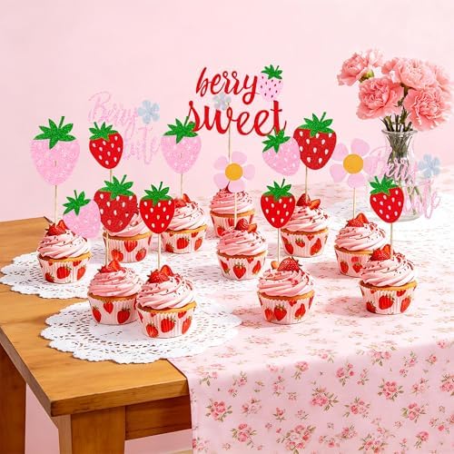12Pcs Strawberry Baby Shower Glitter Cupcake Toppers Berry Sweet Baby Shower DecorationsStrawberry Fruit Cake & Dessert Topper Set For Baby Shower