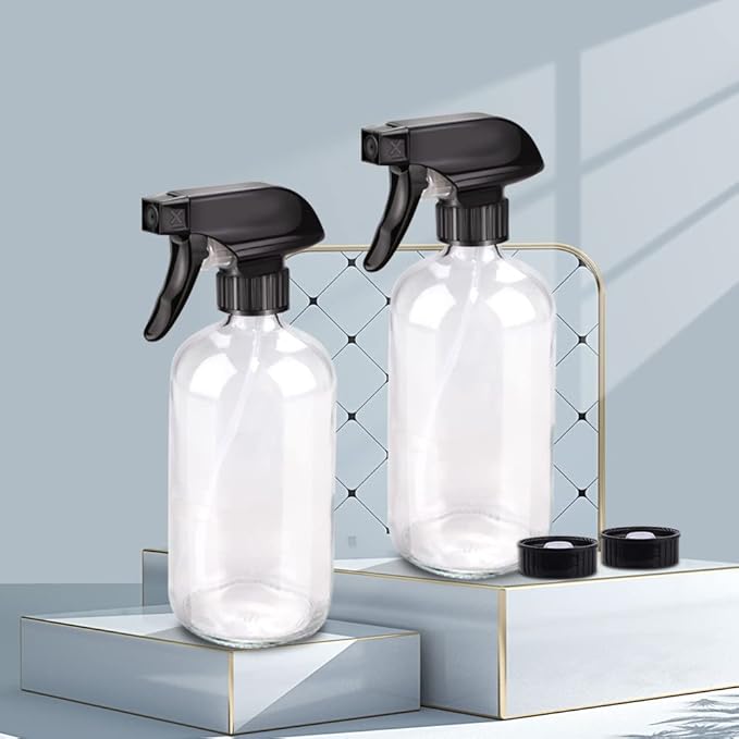 Bontip Glass Spray Bottle, Clear Glass Spray Bottle Set & Accessories Refillable for Plants Window Cleaners Aromatherapy Facial Hydration Watering Flowers Hair Care (2 Pack/16 oz) (Transparent)