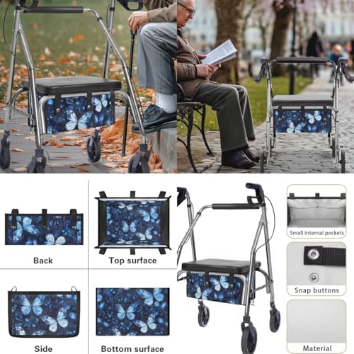 LedBack Blue Butterflies Mobility Scooter Accessories Sets for Seniors Walker Rollator Seat Cushion Back Cover Underseat Pouch Tote for Rolling Walkers
