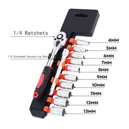 12-Piece 1/4" Ratchet Socket Wrench Set, Drive Socket Set of 10 4-13mm Socket Quick Release Ratchet Handles and Extensions
