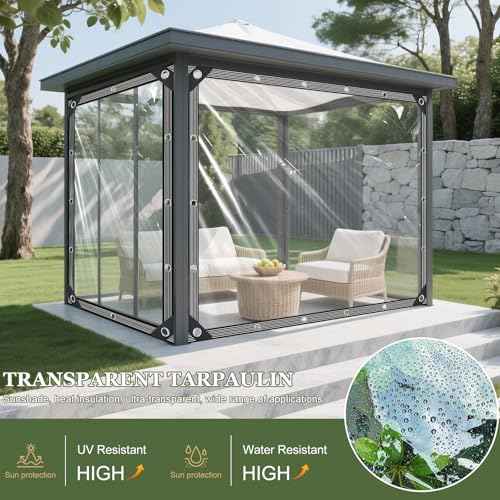 Clear Tarp with Grommets 6x12ft Clear Tarps Heavy Duty Waterproof 14 Mil Thickened PVC Tear-Resistant Reinforced Edges Clear Plastic Vinyl Tarp for Patio Chicken Coop Cover Greenhouse Plant Enclosure