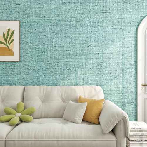 FunStick Light Teal Green Grasscloth Peel and Stick Wallpaper Textured Removable Renter Friendly Wall Paper for Bedroom Bathroom Walls Blue Aqua Green Kitchen Cabinet Contact Paper Waterproof 16"x80"