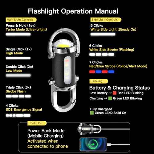 Emergency Keychain Flashlight£¨3 in 1£©, Rechargeable 500 Lumens EDC Tool with Red/Blue Strobe, 1000mAh USB-C Charging, IPX7 Waterproof, Portable Flashlight for Emergencies