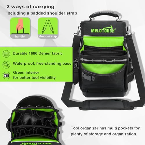 MELOTOUGH Electrician Tool Pouch Bag with Padded Shoulder Strap Constructed Professional 27 Pockets Pouch with Belt Clip Easy Access Tool Belt Pouch with Hard Bottom for Carpenter/Technican