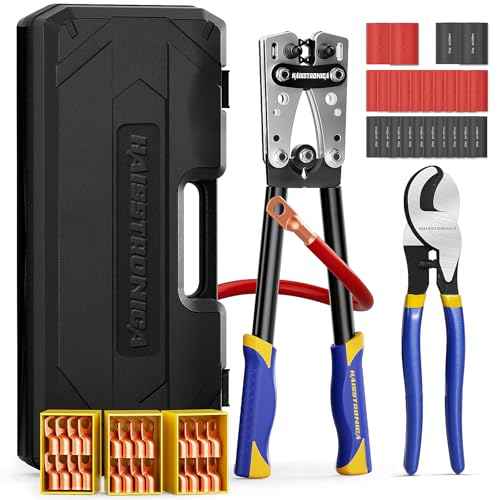 haisstronica Heavy Duty Battery Cable Crimping Tool Kit-Ratchet Hex Extended Handle Crimper for 8,6,4,2,1,1/0 AWG Copper Lugs with Blow Molded Box,Cable Cutter, 48PCS Copper Lugs&Heat Shrink Tubing