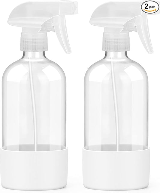 Worldgsb 2 Pack Glass Spray Bottles with Silicone Sleeve, 16 oz Empty Refillable Containers with Adjustable Spray Nozzles, Spray Bottles for Hair, Cleaning Solutions and Plants White