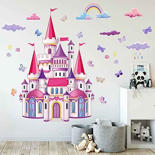 Princess Castle Removable Fairy Tale Wall Decals for Kids - Waterproof Nursery Bedroom Playroom Wall Stickers, Cartoon Castle Wall Art for Girls Room and Kindergarten Classroom Decor