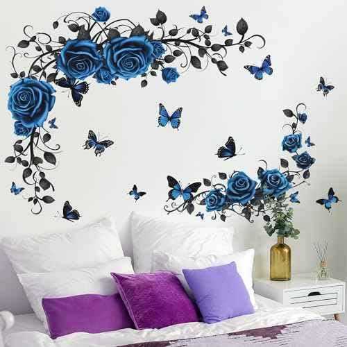 Removable Blue Floral Rose Wall Decor 3D Peel and Stick Flower Vine Black Plants Vines Leaf Wall Stickers Flying Butterfly Wall Decals for Kids Girls Baby Bedroom Nursery Living Room (Blue)