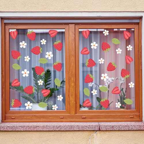 Strawberry and White Flower Stickers for Wall, Fruits Kitchen Decor, Wall Decor for Girl Bedroom (S)