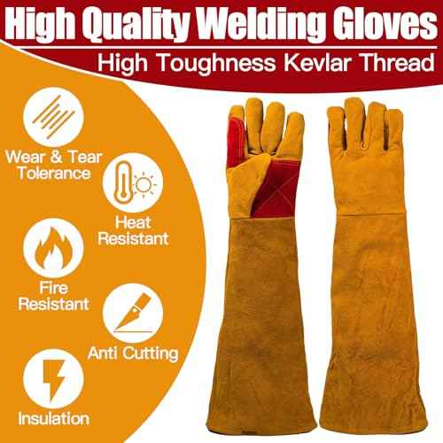 Welding Gloves for Men Women, 23.6" Leather Long Sleeve Welding Glove, Breathable Thicken Extreme Heat Resistant Protective Gloves for TIG MIG Welding BBQ Cooking Pet Training
